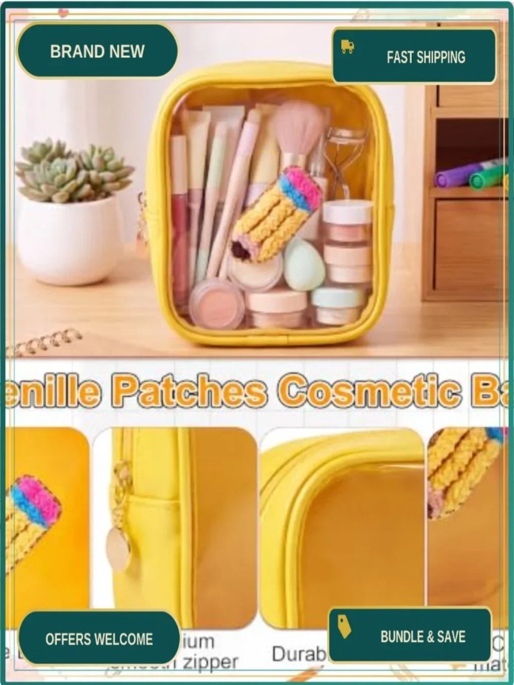 6 Clear PVC Cosmetic Bags with Gold Zipper Teacher Pencil Pouch Waterproof